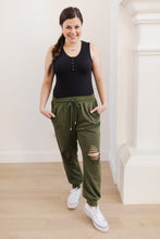 Load image into Gallery viewer, Kick Back Distressed Joggers In Olive