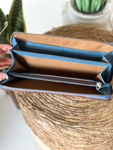Saddle Blanket Wallet with Hand Tooling in Denim Blue