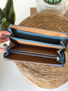 Saddle Blanket Wallet with Hand Tooling in Denim Blue